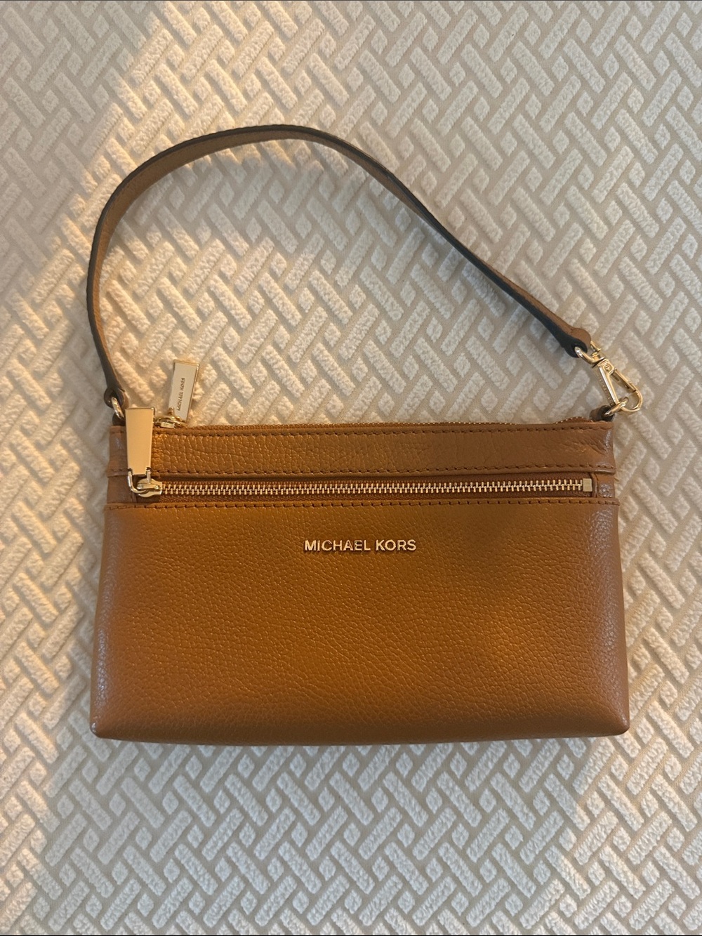 Michael Kors Caramel Pebbled Leather Wristlet Clutch with Gold Hardware